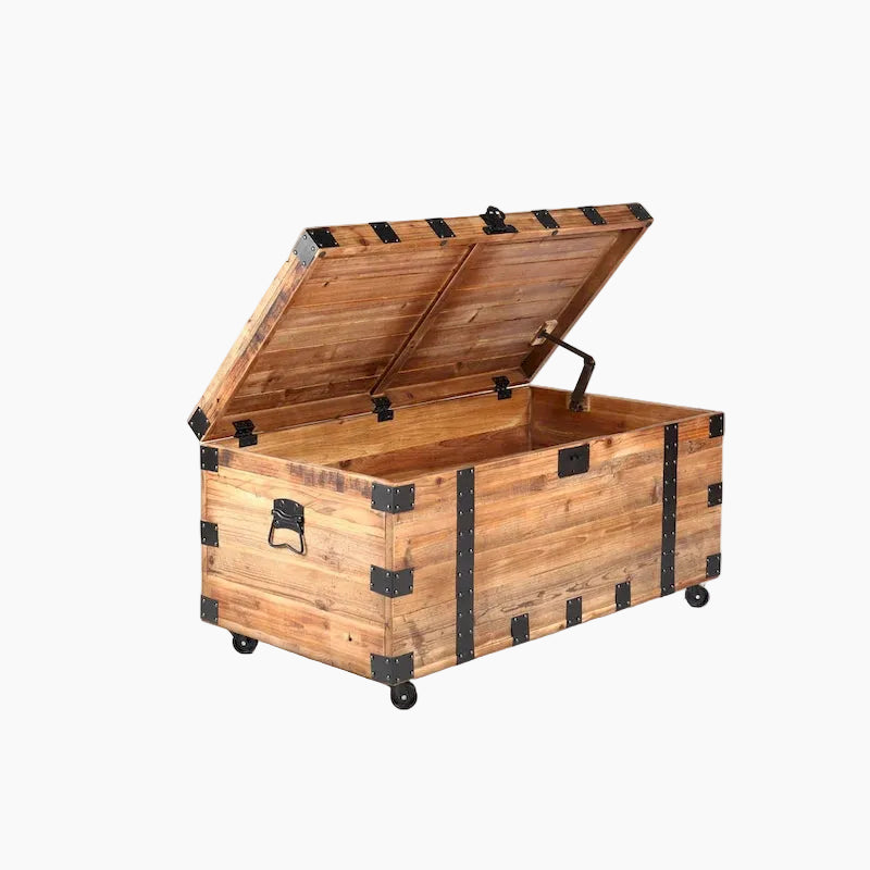 Table Basse Malle à Quatre Roues, Grande Capacité de Rangement, Bois Recyclé Naturel / Métal Noir