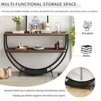 Console rustique en bois vieilli avec plateau demi-lune en métal texturé