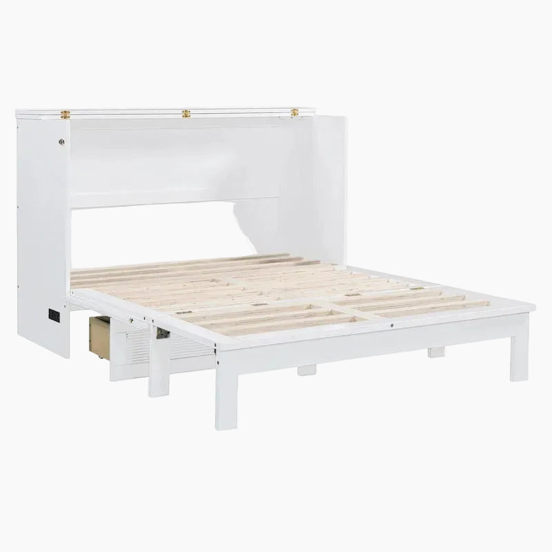 Lit escamotable mural Queen Size avec grand tiroir de rangement, prises et ports USB