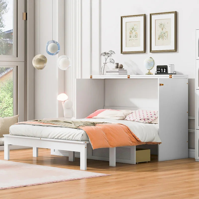 Lit escamotable mural Queen Size avec grand tiroir de rangement, prises et ports USB
