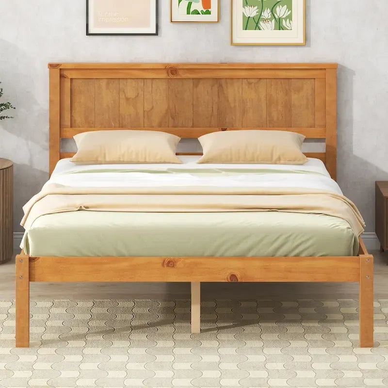 Lit Plateforme en Bois de Pin avec Sommier à Lattes et Tête de Lit – Fini Naturel