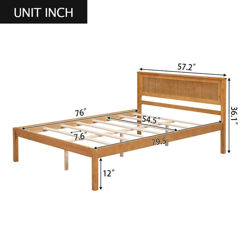 Lit Plateforme en Bois de Pin avec Sommier à Lattes et Tête de Lit – Fini Naturel