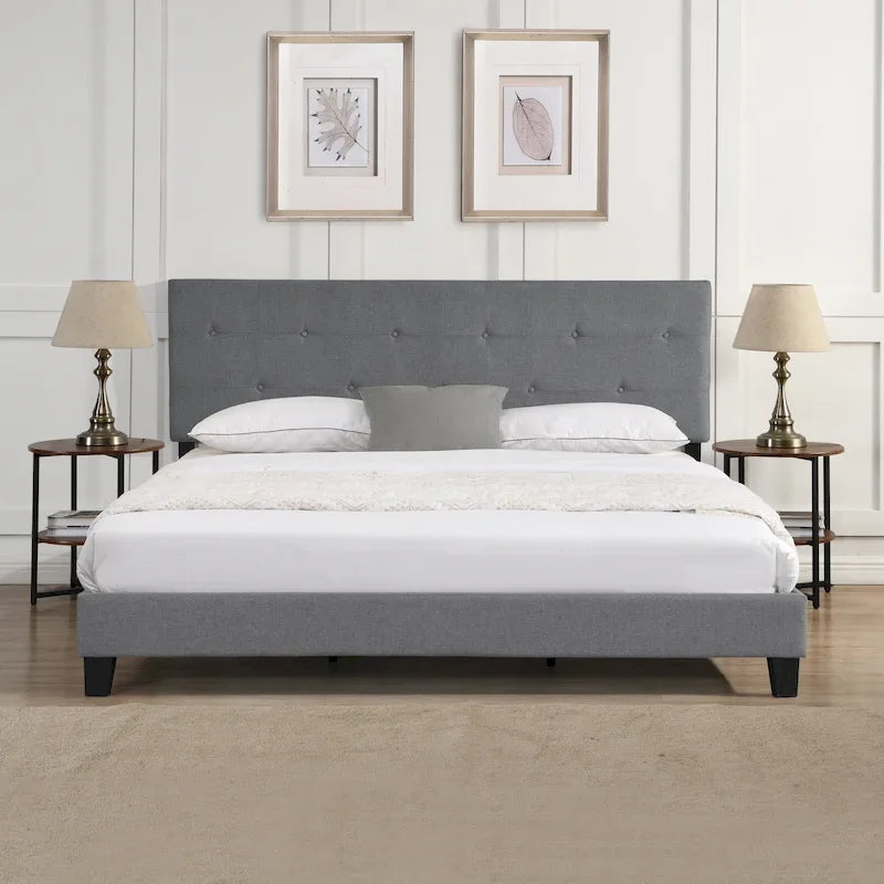 Lit plateforme rembourré de taille Queen avec tête de lit capitonnée – Design moderne