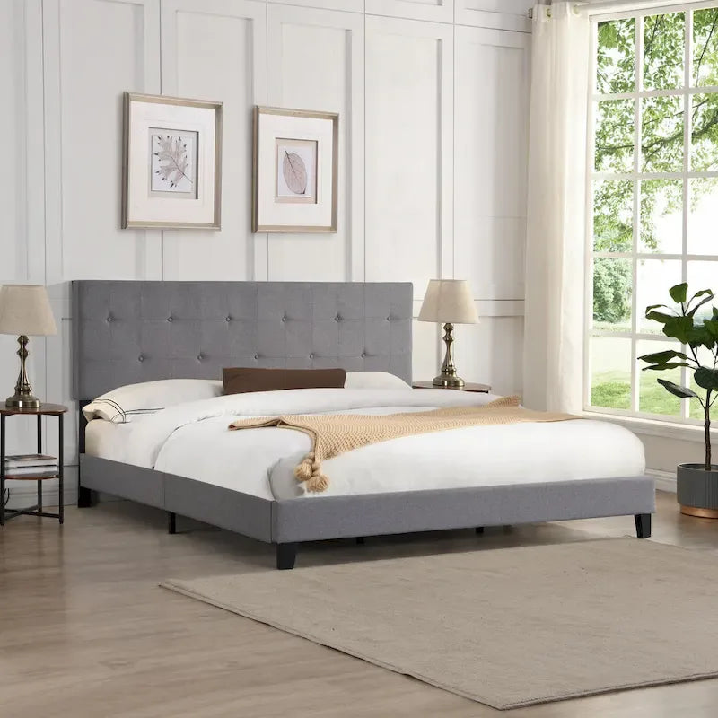 Lit plateforme rembourré de taille Queen avec tête de lit capitonnée – Design moderne