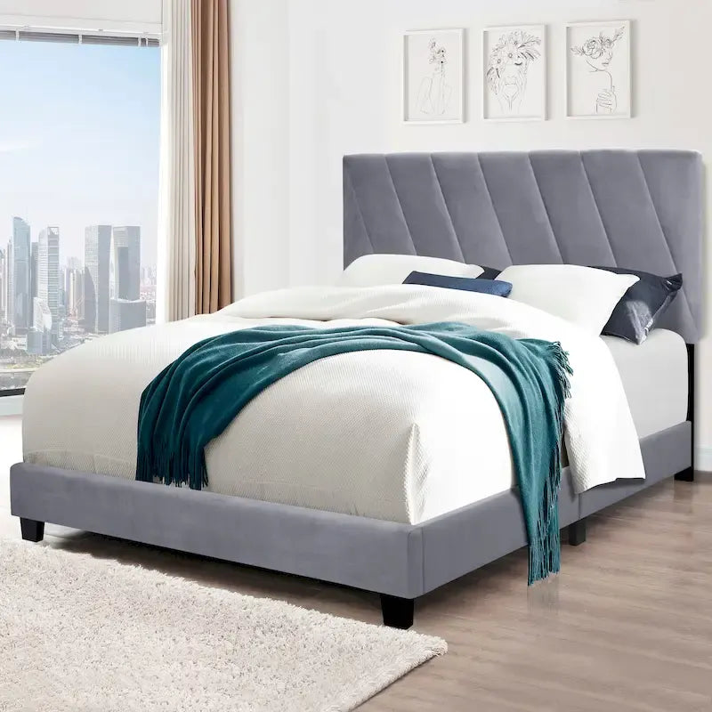 Lit plateforme réglable gris queen size rembourré – Cadre de lit moderne
