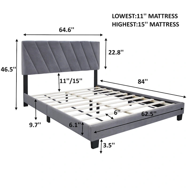 Lit plateforme réglable gris queen size rembourré – Cadre de lit moderne