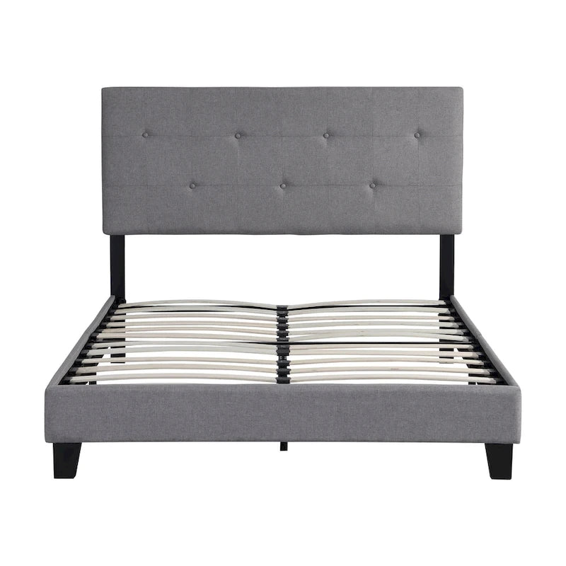 Lit plateforme pleine grandeur en lin gris avec tête de lit capitonnée – Aucun sommier tapissier requis