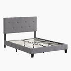 Lit plateforme pleine grandeur en lin gris avec tête de lit capitonnée – Aucun sommier tapissier requis