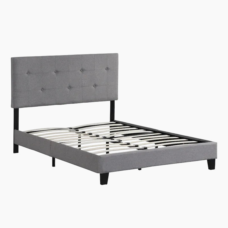 Lit plateforme pleine grandeur en lin gris avec tête de lit capitonnée – Aucun sommier tapissier requis