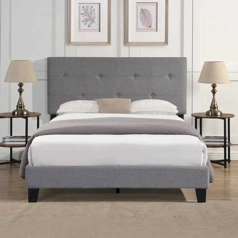 Lit plateforme pleine grandeur en lin gris avec tête de lit capitonnée – Aucun sommier tapissier requis