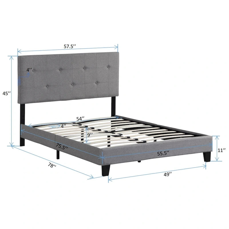 Lit plateforme pleine grandeur en lin gris avec tête de lit capitonnée – Aucun sommier tapissier requis