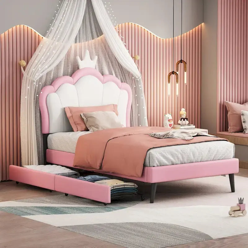 Lit de princesse rembourré avec tête de lit couronne et tiroirs de rangement