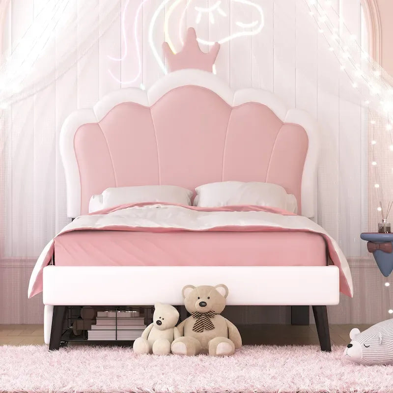 Lit de princesse rembourré avec tête de lit couronne et tiroirs de rangement