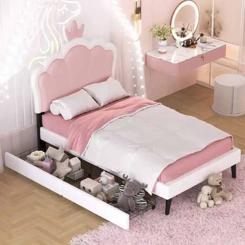 Lit de princesse rembourré avec tête de lit couronne et tiroirs de rangement
