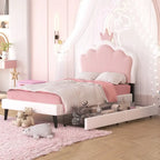 Lit de princesse rembourré avec tête de lit couronne et tiroirs de rangement