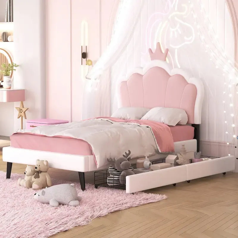 Lit de princesse rembourré avec tête de lit couronne et tiroirs de rangement