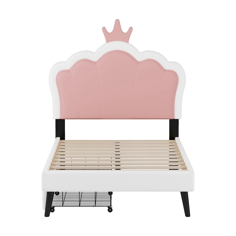Lit de princesse rembourré avec tête de lit couronne et tiroirs de rangement