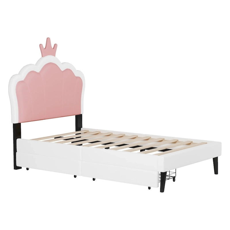 Lit de princesse rembourré avec tête de lit couronne et tiroirs de rangement