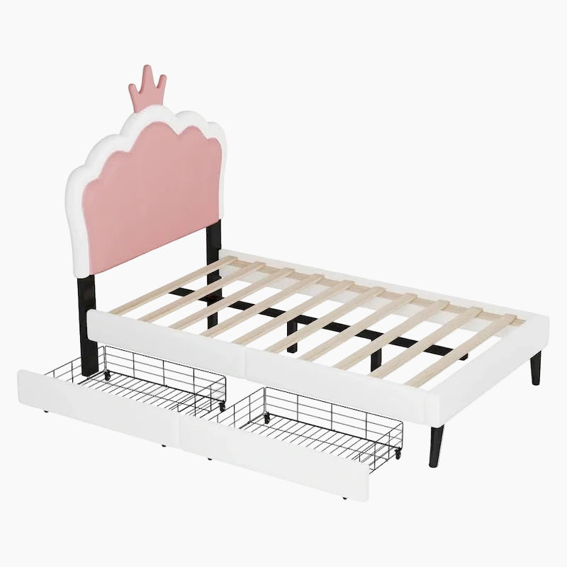 Lit de princesse rembourré avec tête de lit couronne et tiroirs de rangement