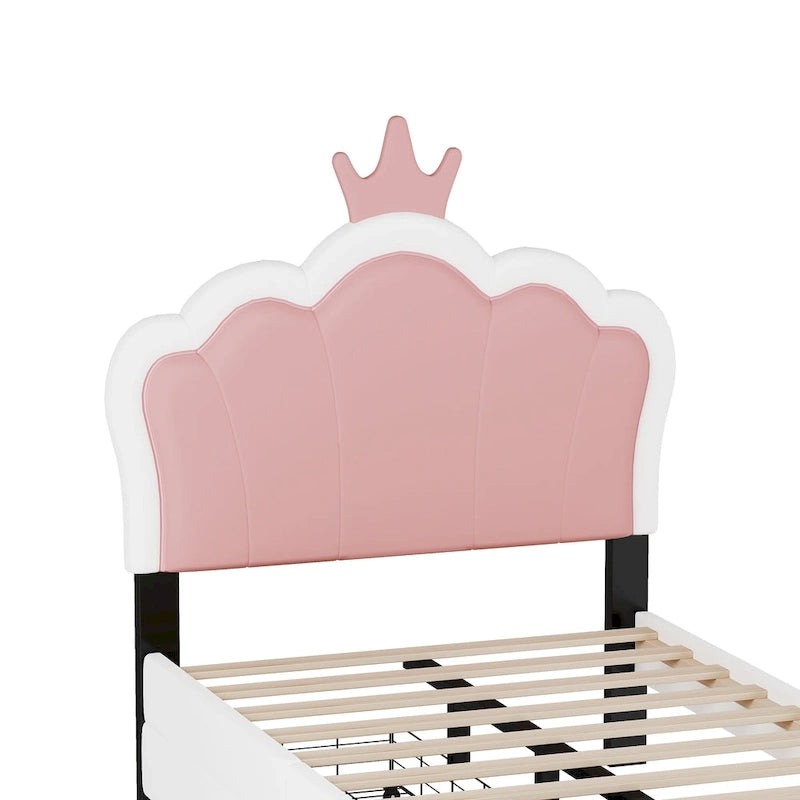 Lit de princesse rembourré avec tête de lit couronne et tiroirs de rangement