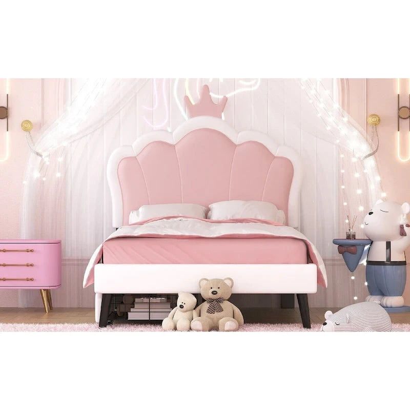 Lit de princesse rembourré avec tête de lit couronne et tiroirs de rangement