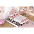 Lit de princesse rembourré avec tête de lit couronne et tiroirs de rangement