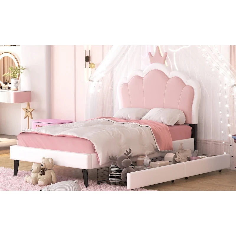 Lit de princesse rembourré avec tête de lit couronne et tiroirs de rangement