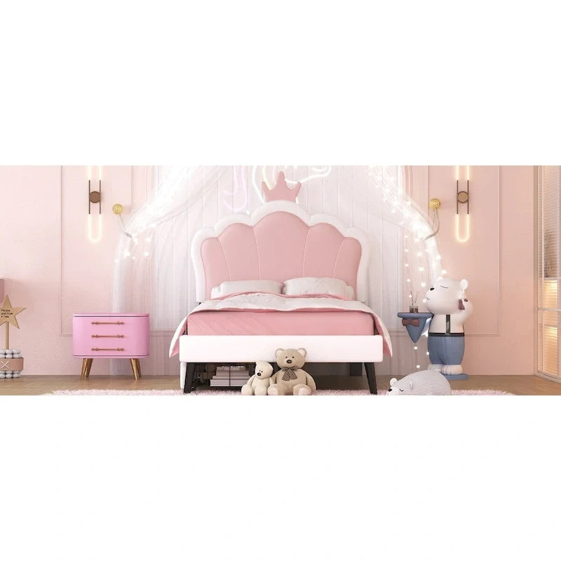 Lit de princesse rembourré avec tête de lit couronne et tiroirs de rangement
