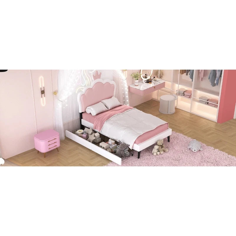 Lit de princesse rembourré avec tête de lit couronne et tiroirs de rangement