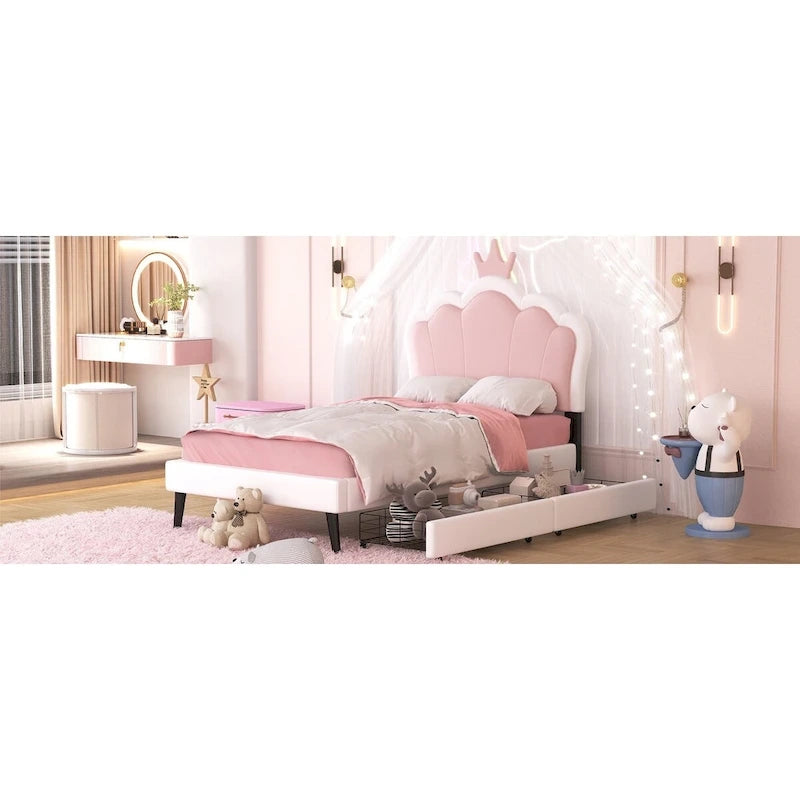 Lit de princesse rembourré avec tête de lit couronne et tiroirs de rangement