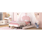 Lit de princesse rembourré avec tête de lit couronne et tiroirs de rangement