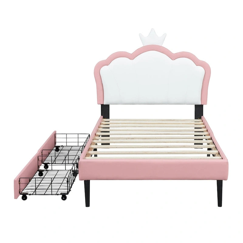Lit de princesse rembourré avec tête de lit couronne et tiroirs de rangement