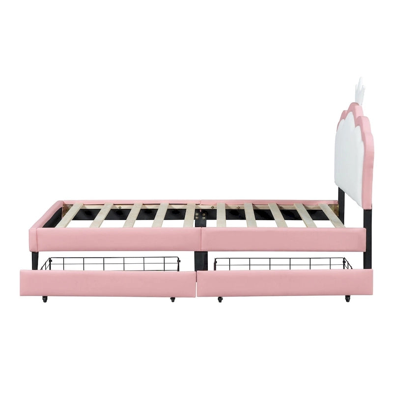 Lit de princesse rembourré avec tête de lit couronne et tiroirs de rangement