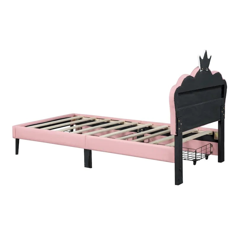 Lit de princesse rembourré avec tête de lit couronne et tiroirs de rangement