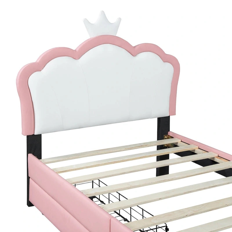 Lit de princesse rembourré avec tête de lit couronne et tiroirs de rangement
