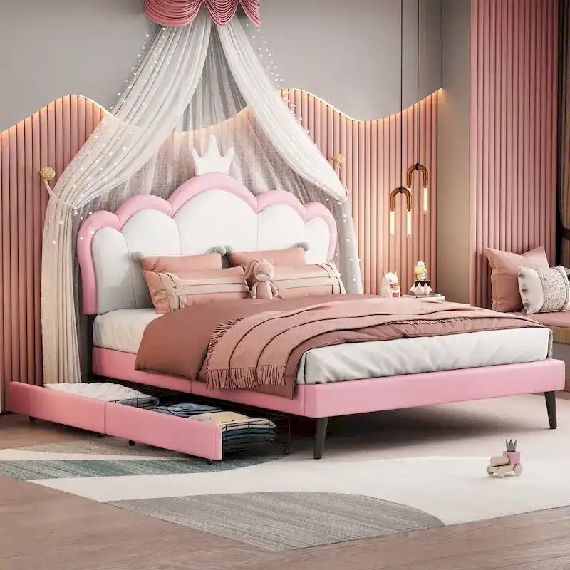 Lit de princesse rembourré avec tête de lit couronne et tiroirs de rangement