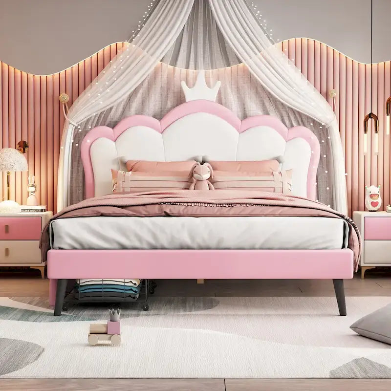 Lit de princesse rembourré avec tête de lit couronne et tiroirs de rangement
