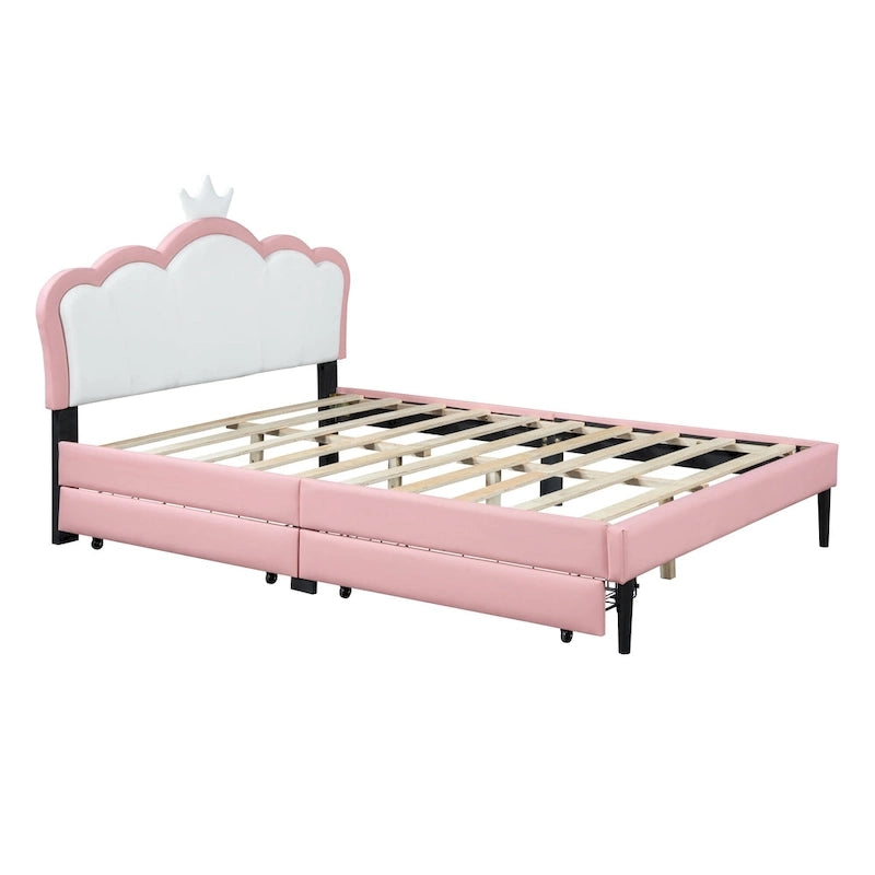 Lit de princesse rembourré avec tête de lit couronne et tiroirs de rangement