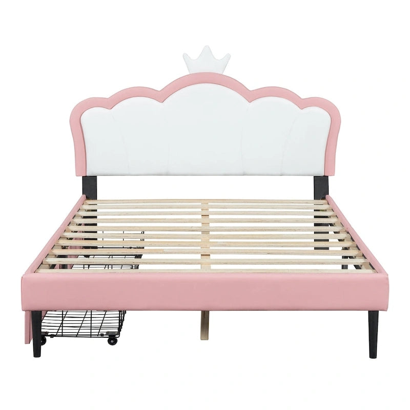 Lit de princesse rembourré avec tête de lit couronne et tiroirs de rangement