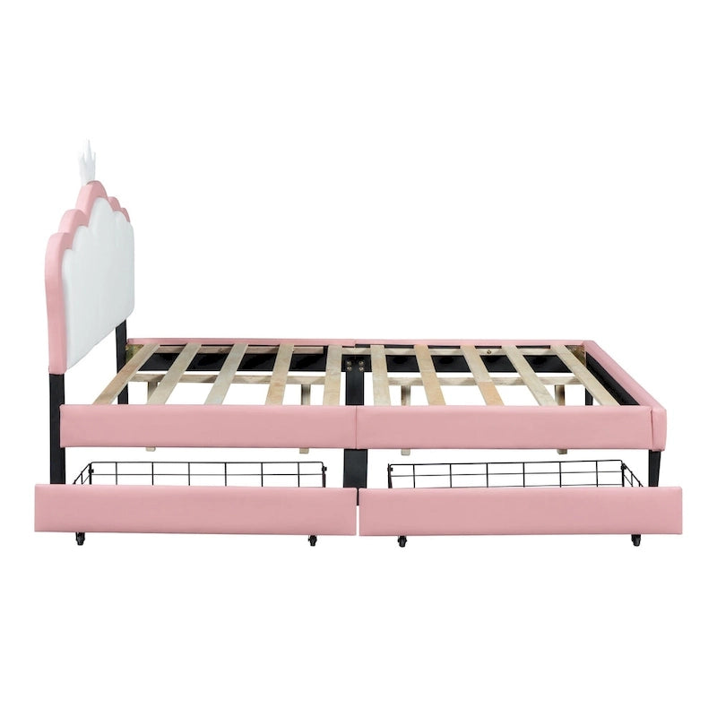 Lit de princesse rembourré avec tête de lit couronne et tiroirs de rangement