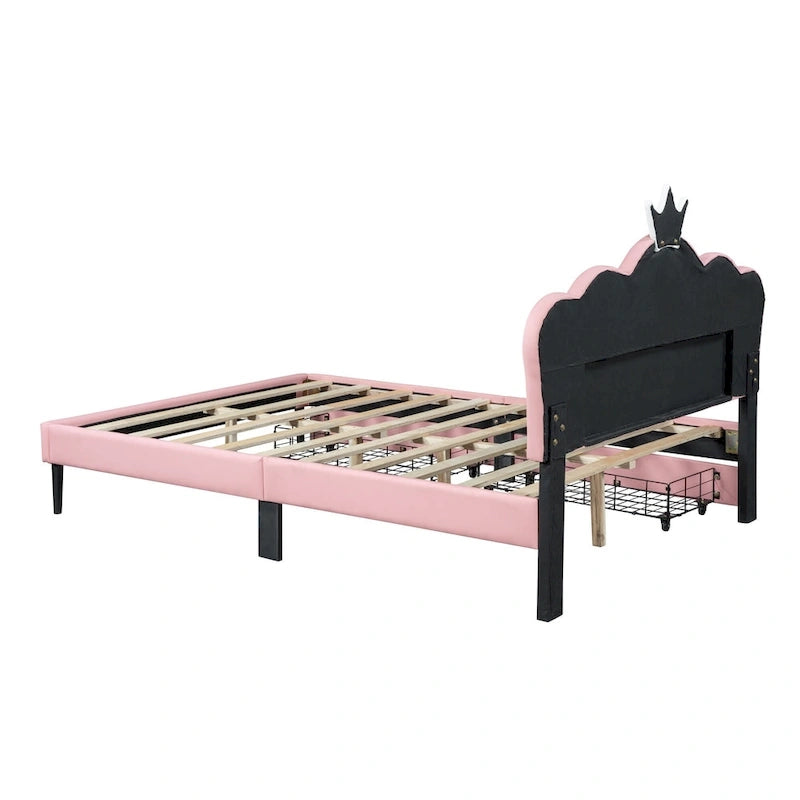 Lit de princesse rembourré avec tête de lit couronne et tiroirs de rangement