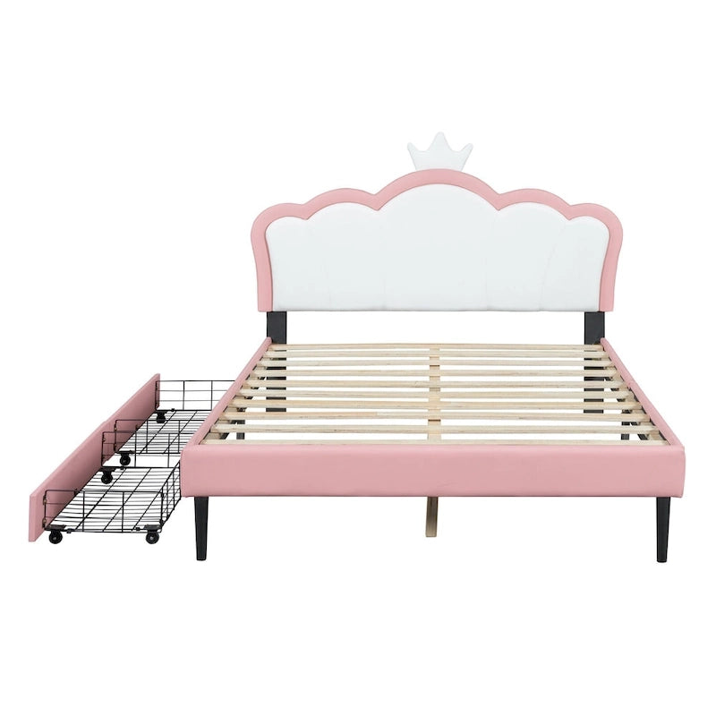 Lit de princesse rembourré avec tête de lit couronne et tiroirs de rangement