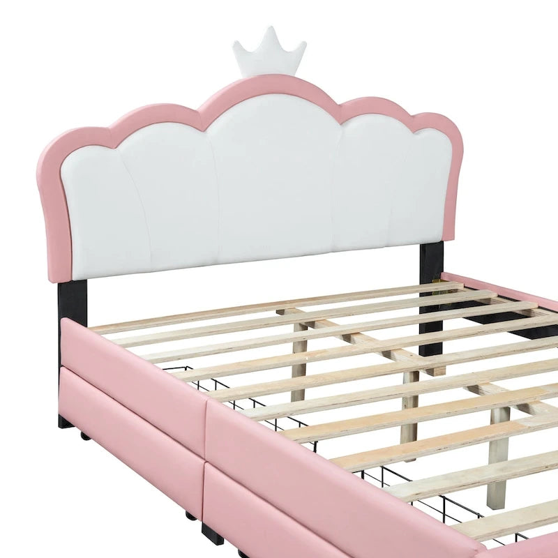 Lit de princesse rembourré avec tête de lit couronne et tiroirs de rangement