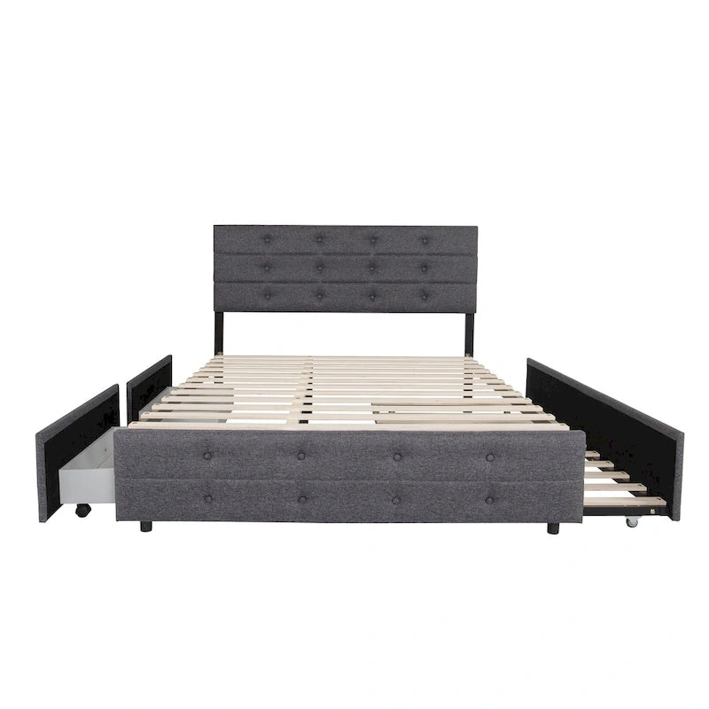 Cadre de lit plateforme capitonné en lin, taille Queen, avec 2 tiroirs de rangement et un lit gigogne