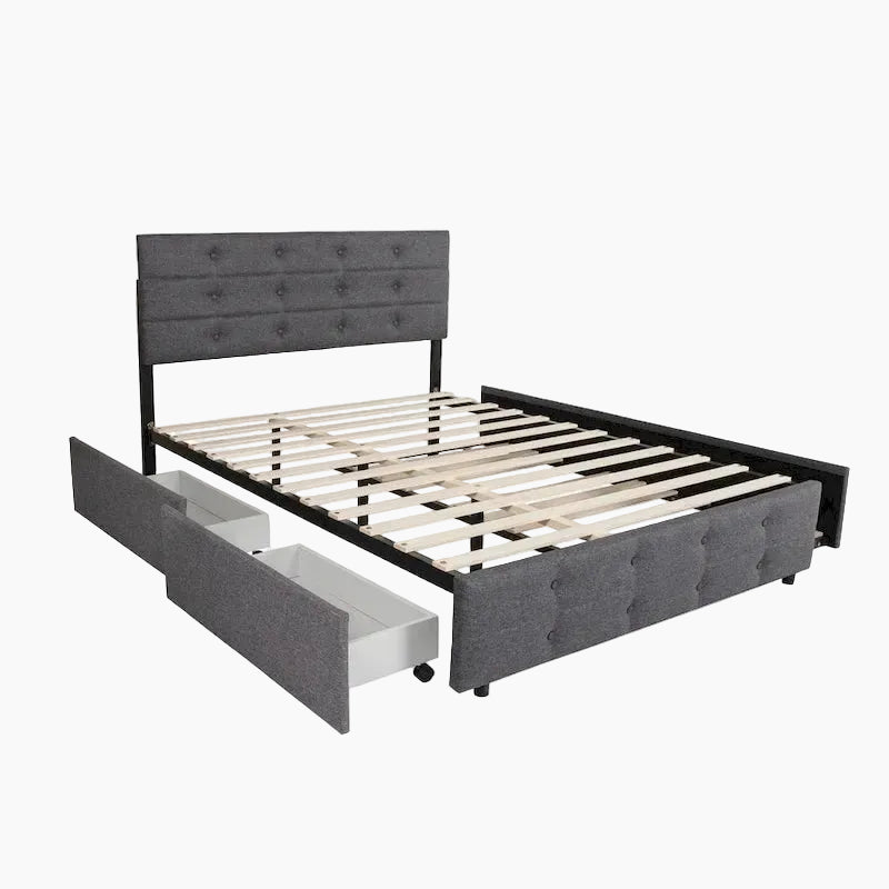 Cadre de lit plateforme capitonné en lin, taille Queen, avec 2 tiroirs de rangement et un lit gigogne