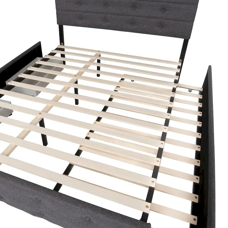 Cadre de lit plateforme capitonné en lin, taille Queen, avec 2 tiroirs de rangement et un lit gigogne
