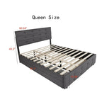 Cadre de lit plateforme capitonné en lin, taille Queen, avec 2 tiroirs de rangement et un lit gigogne