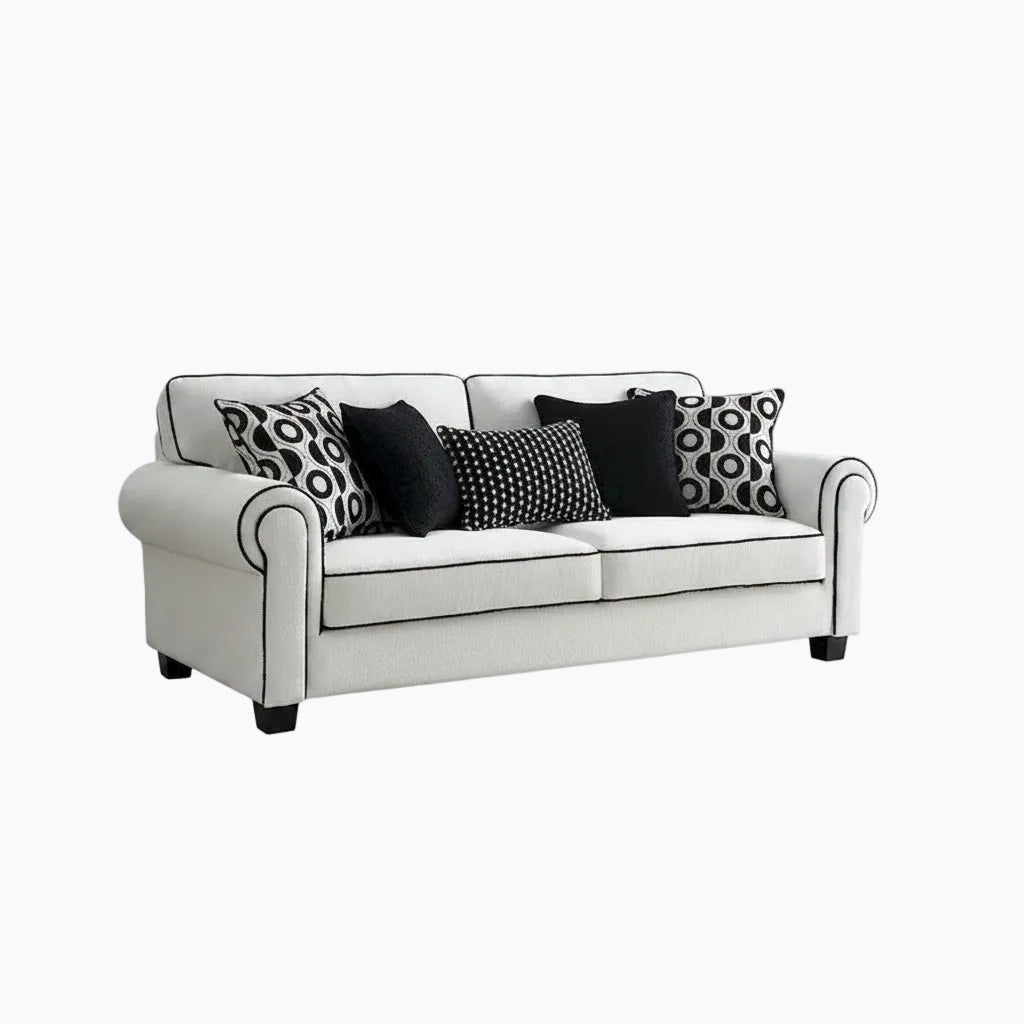 Canapé chenille blanc avec coussins décoratifs – Canapé élégant pour salon