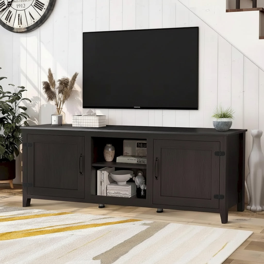 Meuble TV moderne 70 pouces avec étagères, meuble de divertissement multimédia avec portes - Noir - M