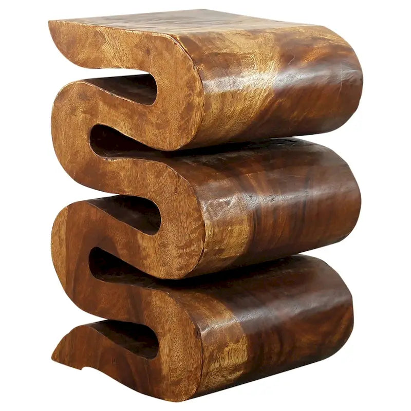 Table d'appoint Serpent Vague Sculptée à la Main en Bois Massif 12x14x20 Huile de Noyer